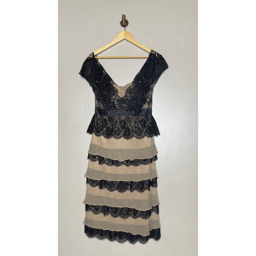 Bicici Silk Lace Tiered Dress XL Black Beige Sequin Cocktail Midi